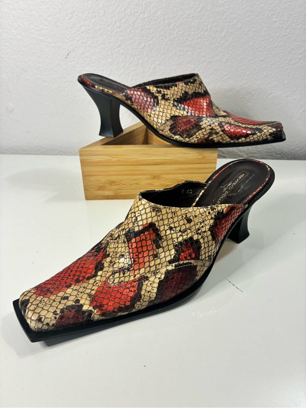 Armando Pollini 40 EU Women's Leather Square Toe Slip-On Snake Print Mule Heels